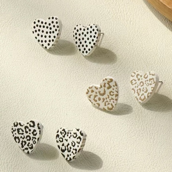 3 Pairs Heart Stud Earrings, Animal Print & Polka Dot - Picture 2 of 3